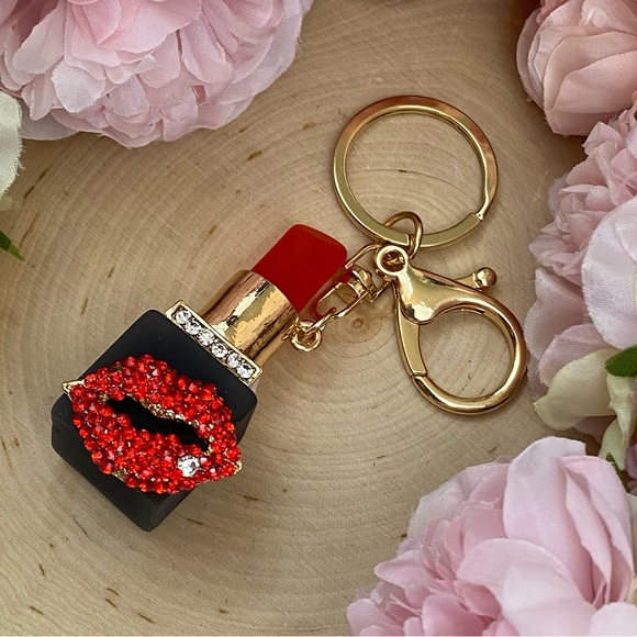 Red Lipstick with Crystal Lips Keychain Charm - Picture 11 of 16